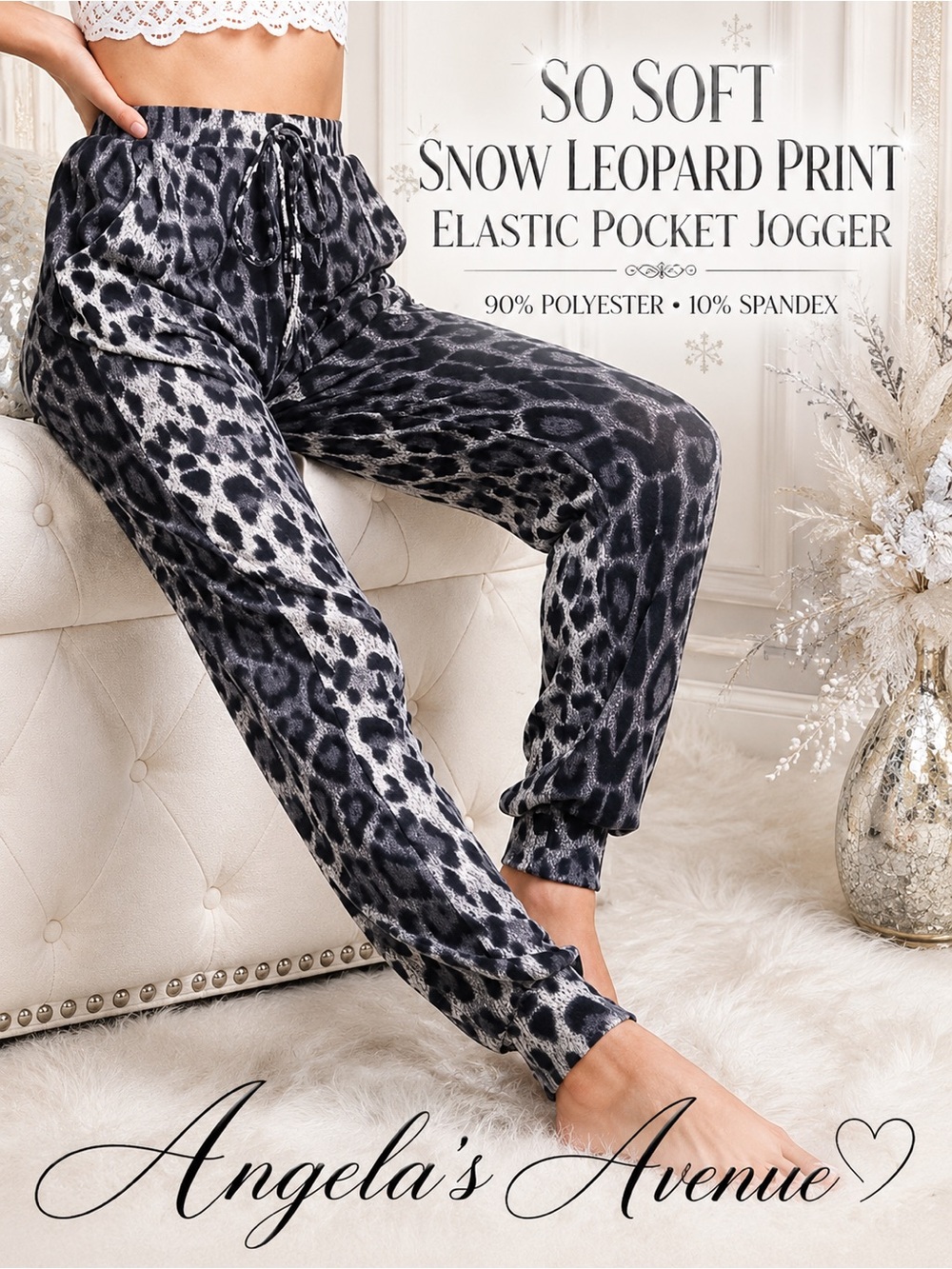 So Soft Snow Leopard Print Elastic Pocket Jogger NEW